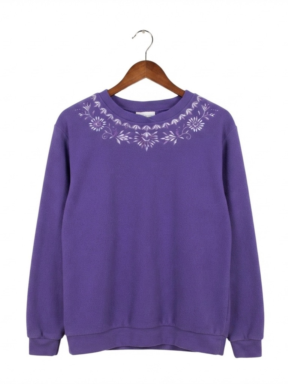 (L) Alia Petite Soft Purple Embroidered Fleece Pullover Floral Sweatshirt Top